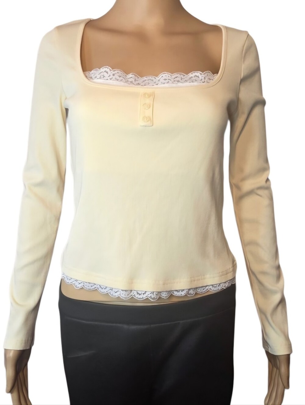 Edikted Shirt Long Sleeve Tee Lace Trim Pale Yellow White Womens Size Large